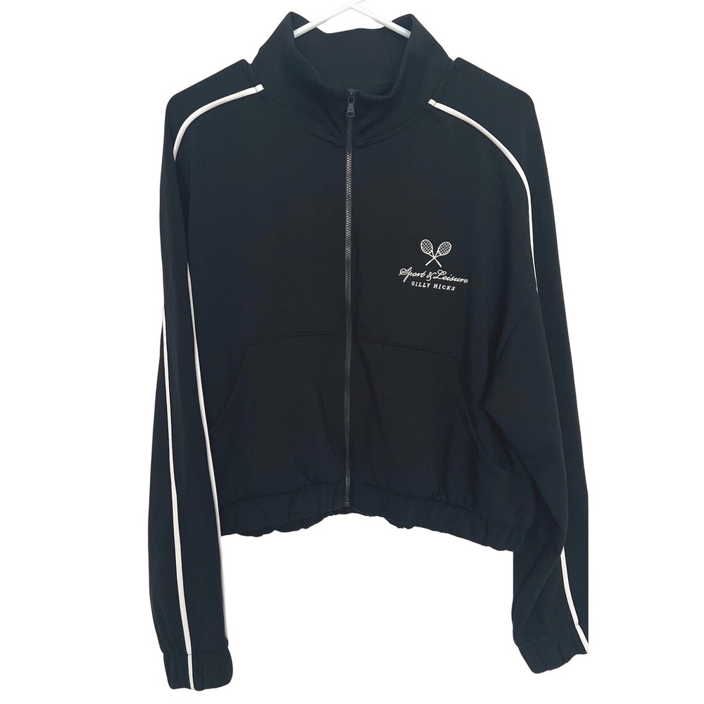 Gilly Hicks Women's‎ L Crop Track Jacket Black Full Zip Tennis Prep Athleisure